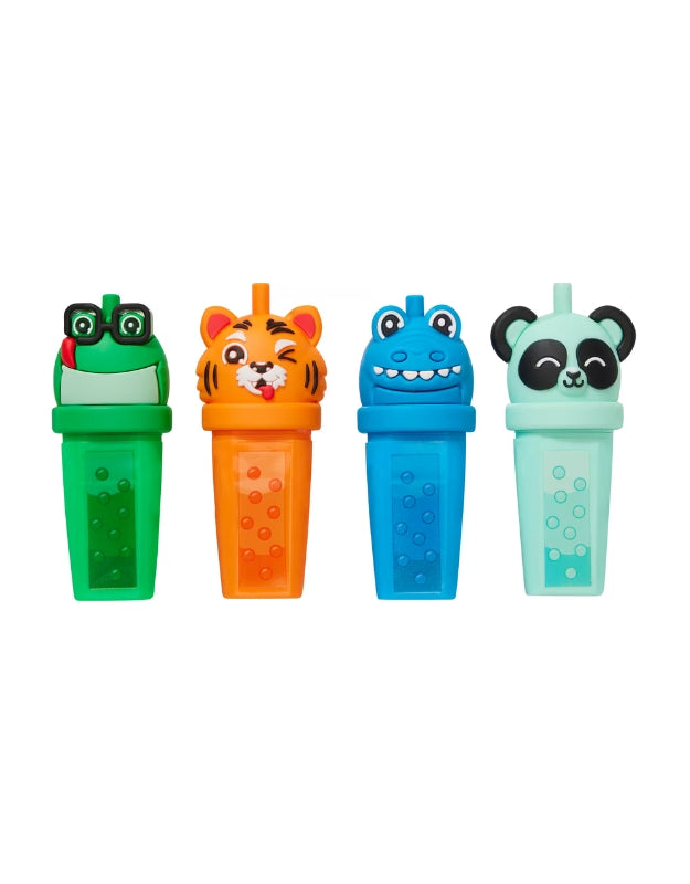 Four Smiggle Bubble Time Scented Highlighters in bold animal designs including a green frog, orange tiger, blue dinosaur, and mint panda